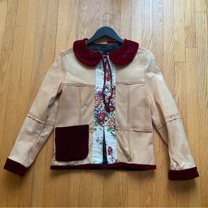 Floral Accent Leather Jacket with Burgundy Trim